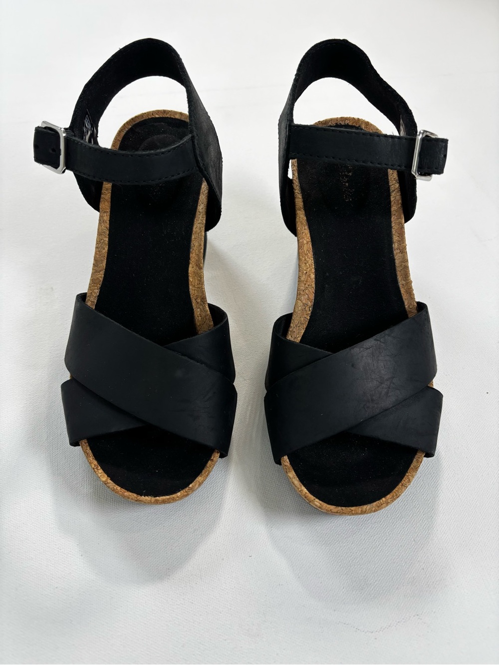 Clarks Black Cork Wedge Sandals with Ankle Strap